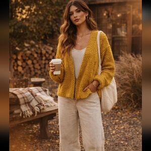 Mustard yellow crochet Whimsy grunge cardigan sweater fuzzy free people Boho